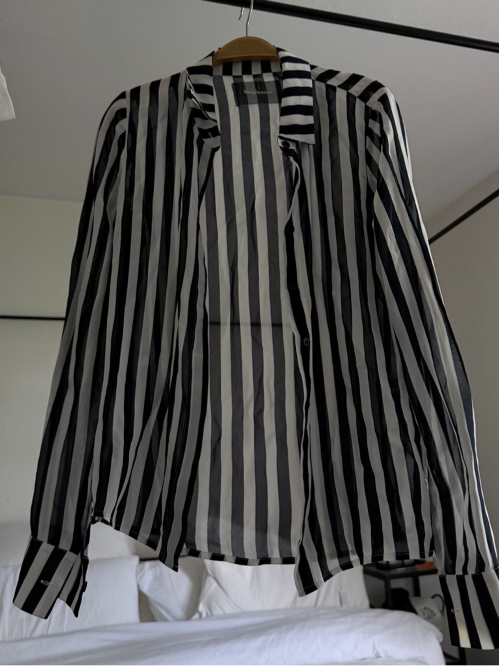 Reformation Black & White Vertical-Stripe Sheer Blazer